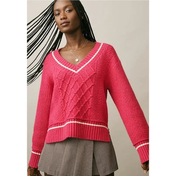 Anthropologie Maeve The Tillie V-Neck Cableknit Pullover Sweater in Pink - Picture 2 of 10